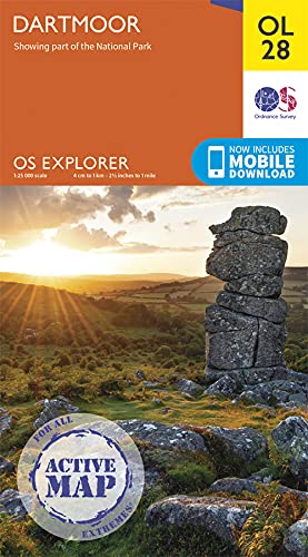 Ordnance Survey Explorer map cover for Dartmoor featuring a rocky tor at sunset.