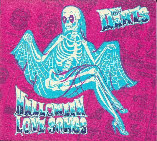 Album cover: blue skeleton illustration on a bright pink background.