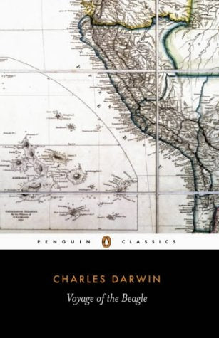 Book cover: "Voyage of the Beagle" by Darwin, with a map background.