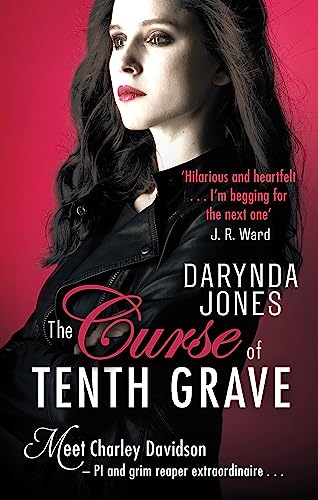 Book cover: woman in leather jacket, red background, title "The Curse of Tenth Grave.