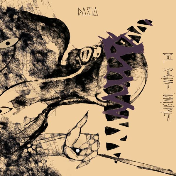 CD cover with abstract face, bird, and fragmented text in purple and black.