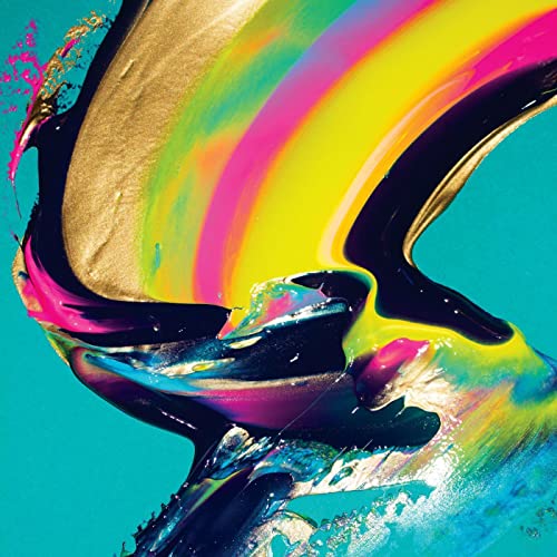 Abstract paint swirl in vibrant colors of gold, pink, and black.