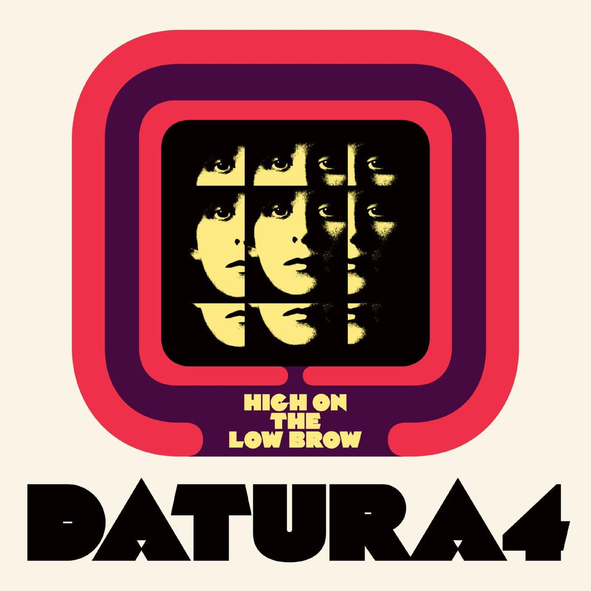 Datura4 album cover: repeating faces in a pink and black design.