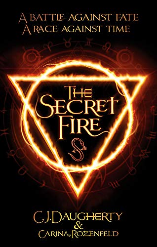Book cover: fiery triangle with snake, title “The Secret Fire” in gold.