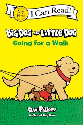A large tan dog and a small brown dog walking on grass on yellow background.