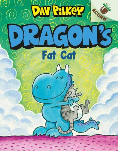 Book cover: a blue dragon holding a gray tabby cat in the clouds.