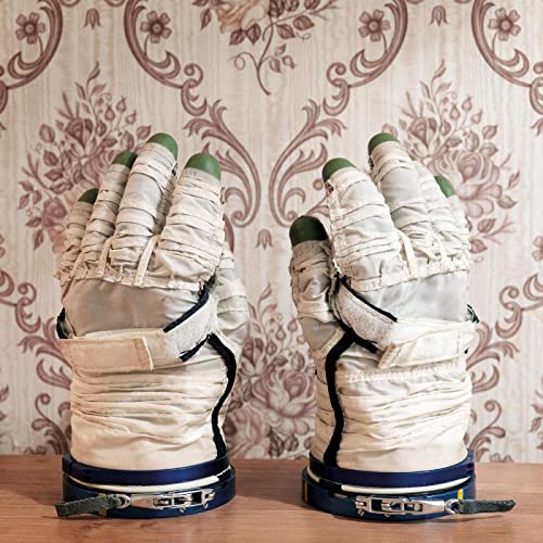 Two white, padded astronaut gloves standing upright against a floral wallpaper background.