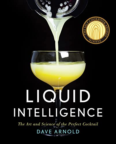 A cocktail is poured into a glass on the Liquid Intelligence book cover.