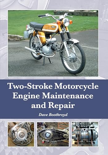 Book cover: vintage motorcycle and engine parts, “Two-Stroke Motorcycle…” title.