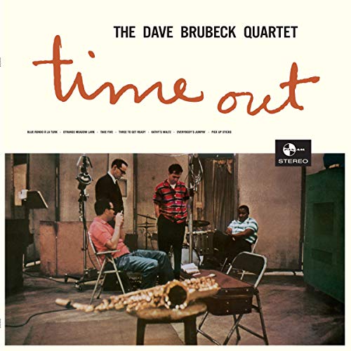 Album cover for Dave Brubeck Quartet’s “Time Out” featuring musicians in a studio.