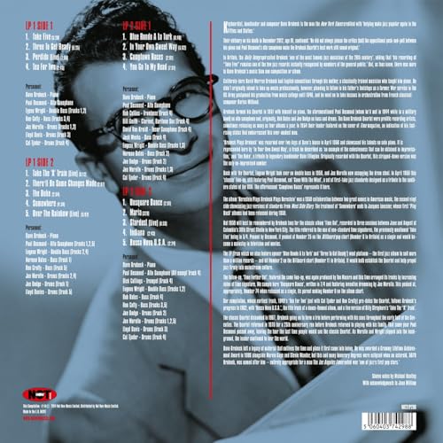 Back cover of Dave Brubeck vinyl featuring portrait, tracklists, and biographical text on blue.