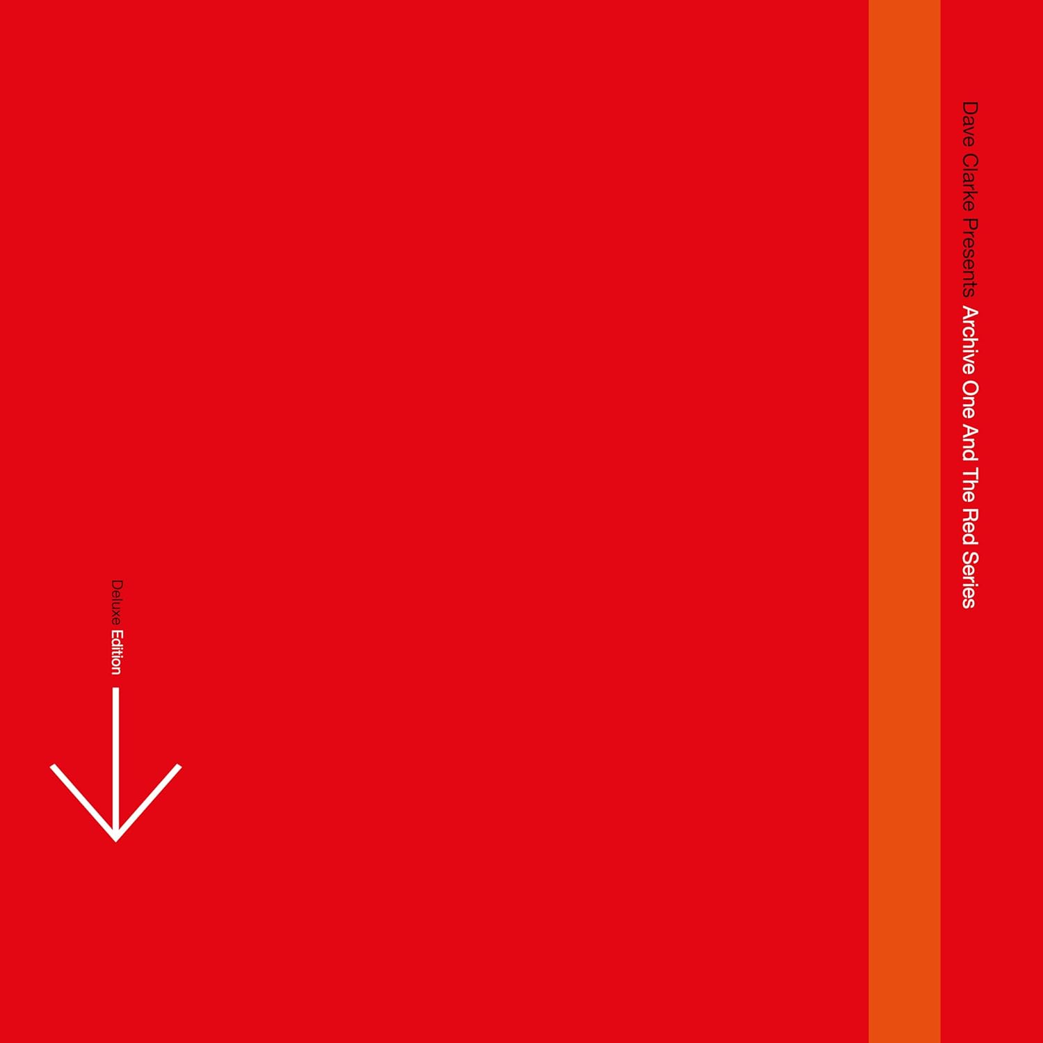 Red album cover for Dave Clarke’s “Archive One” with white arrow and text.