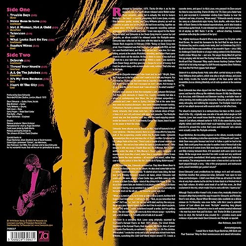 Back cover of Dave Edmunds album with tracklist, liner notes, and artist photo.