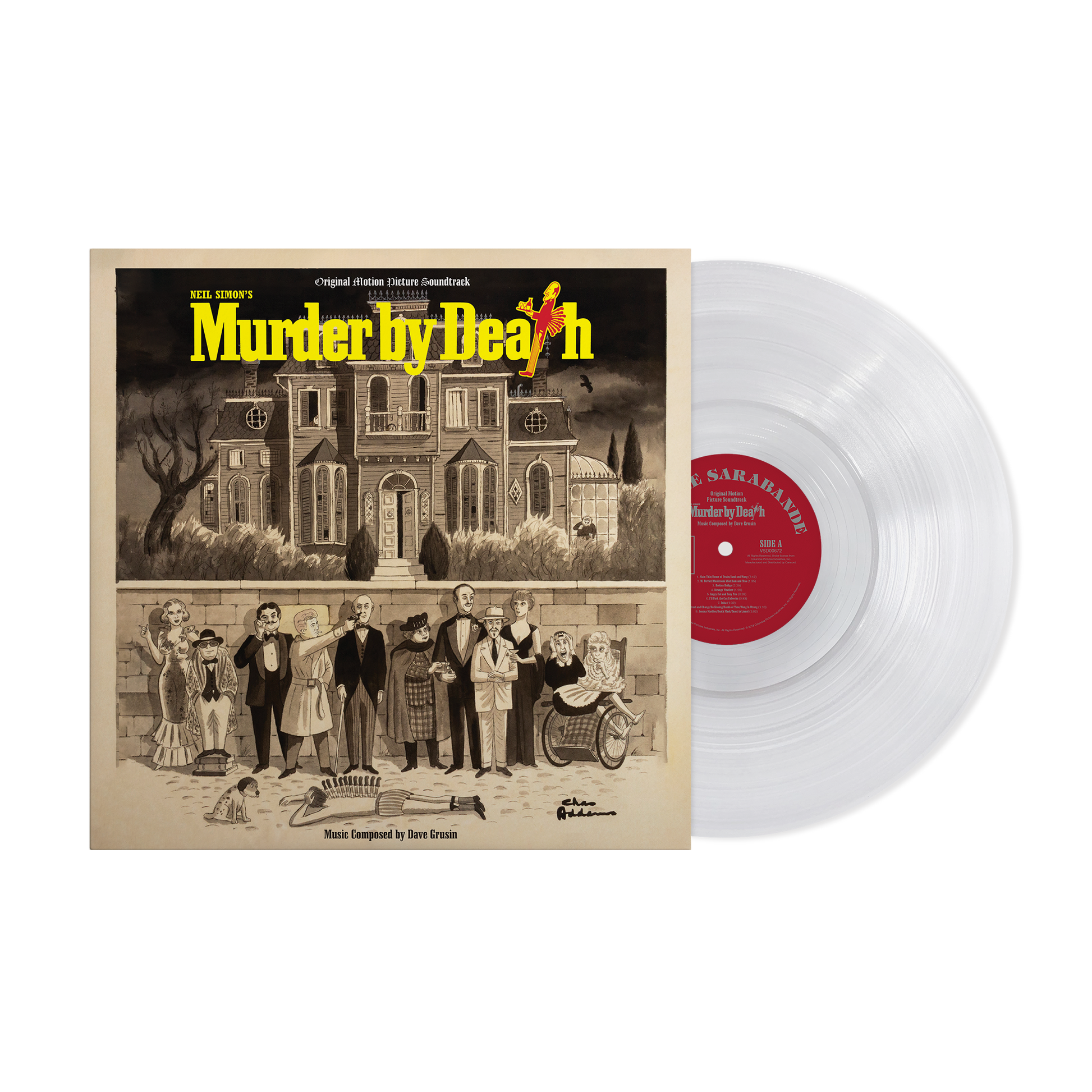 Vinyl record with a sepia-toned cover depicting a mansion and murder scene illustration.