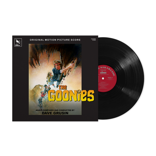 The Goonies" soundtrack vinyl record with cover art and black disc.