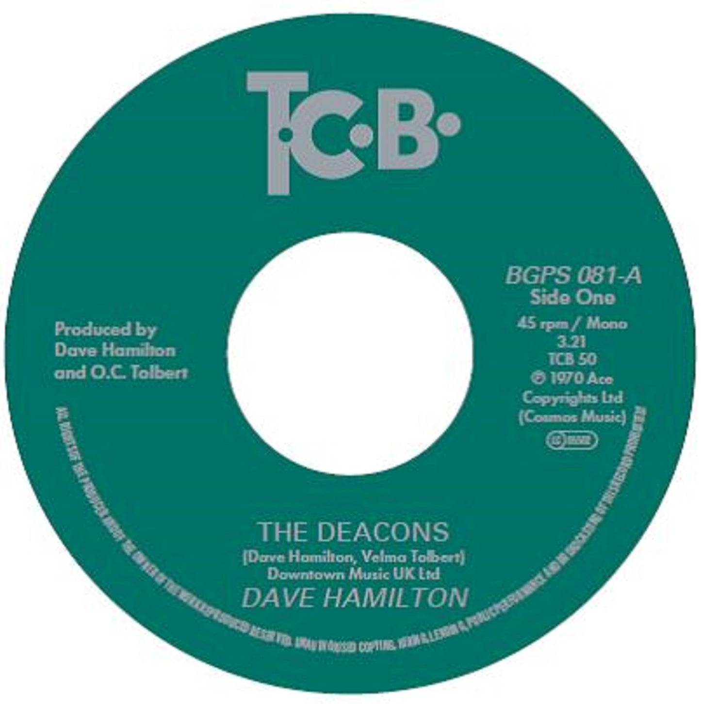 Green vinyl record label with text: "The Deacons" by Dave Hamilton.