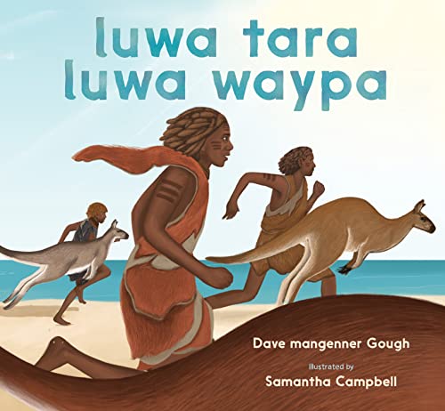 Book cover: Indigenous Australians running with kangaroos on a beach.