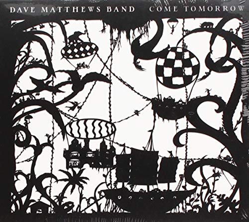 "Album cover with black silhouettes of trees, balloons, and a boat on a white background."