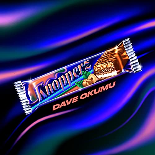 A Knopperz candy bar wrapper with Dave Okumu text on a blue wavy background.