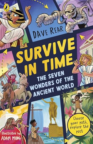 Book cover with illustrated scenes of ancient wonders and children.