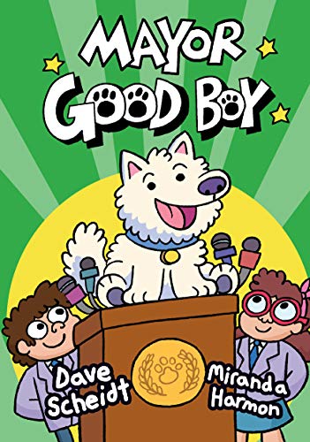 Dog at a podium with microphones, illustrated cover of graphic novel.