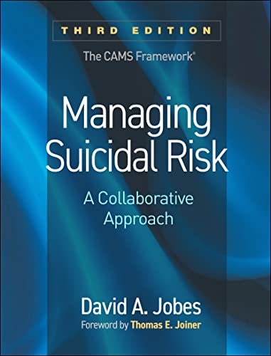Book cover: "Managing Suicidal Risk, Third Edition" with blue abstract background.