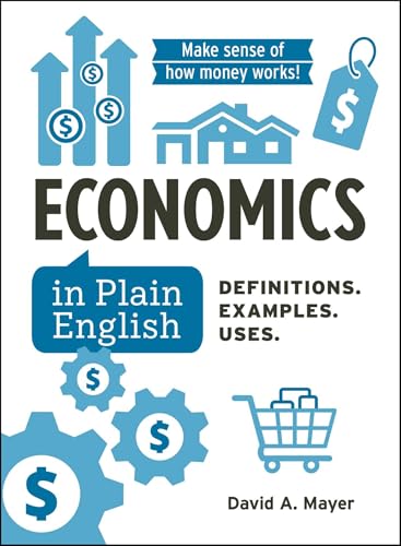 Book cover for "Economics in Plain English" with money and home icons.