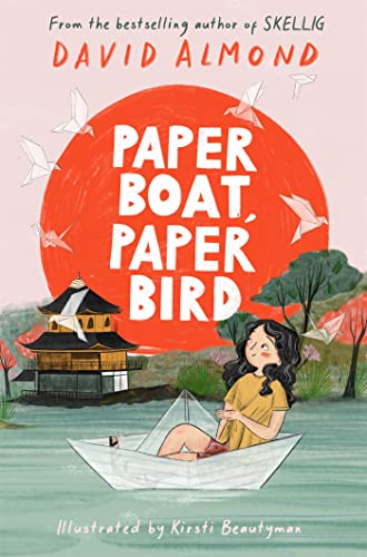 Book cover: girl in paper boat with origami birds and pagoda.