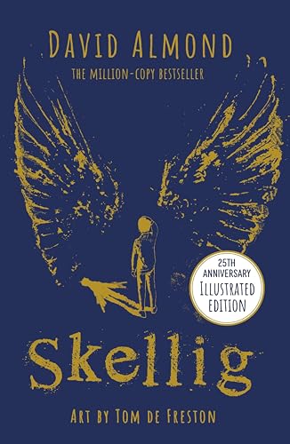 Book cover: a boy looking up at golden, sketched wings against blue.