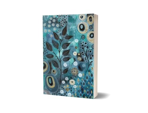 Notebook with abstract teal and gold leaf pattern on cover.