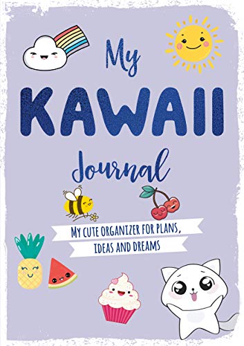 Light purple journal cover with kawaii-style illustrations of a cloud, sun, fruit, and cat.