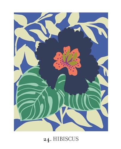 A dark blue hibiscus flower with orange center on green leaves against blue background.