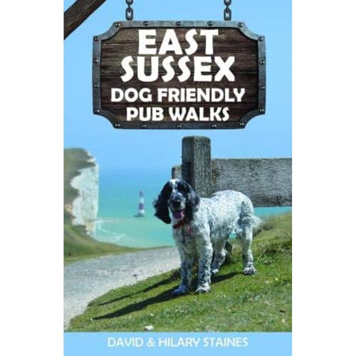 Book cover: dog with pub sign, coastal landscape, East Sussex.