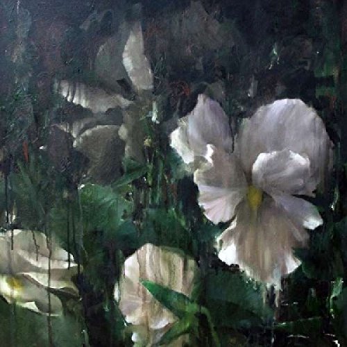 Painted image of white and yellow irises amongst dark green foliage.