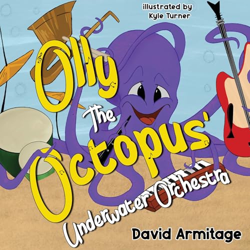 Purple octopus playing musical instruments underwater, book cover illustration.