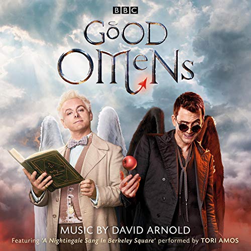 Good Omens soundtrack cover featuring an angel with a book and demon with apple.
