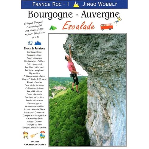 Bilingual climbing guidebook cover featuring a rock climber on a cliff.