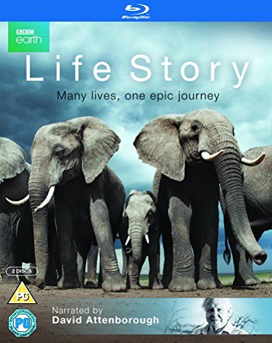 Blu-ray cover for Life Story featuring a herd of elephants and David Attenborough.