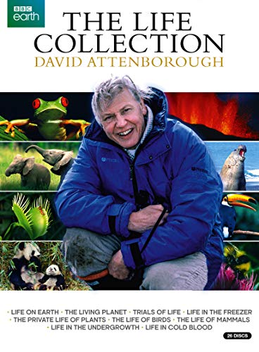 "David Attenborough kneeling, surrounded by images of animals, on a DVD box cover."