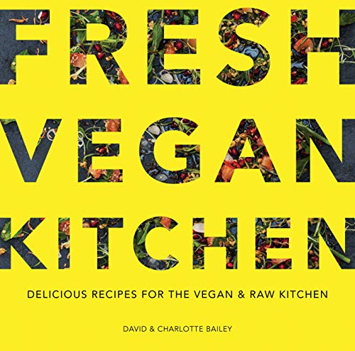 Yellow cookbook cover with large text: "Fresh Vegan Kitchen" and fruit imagery.