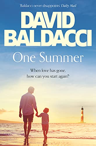 Book cover: "One Summer" by David Baldacci, father and son on beach.