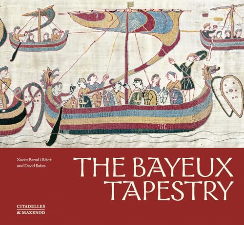 Detail of the Bayeux Tapestry showing medieval ships with figures on a red background.