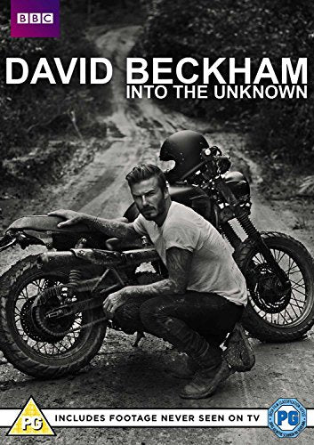 David Beckham crouching by a motorcycle on a dirt road, DVD cover.