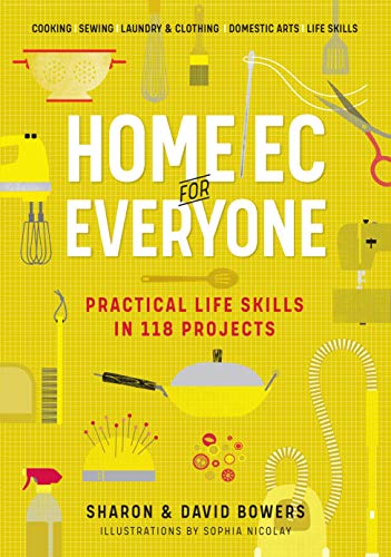 Yellow book cover with illustrated tools for cooking, sewing, and cleaning.