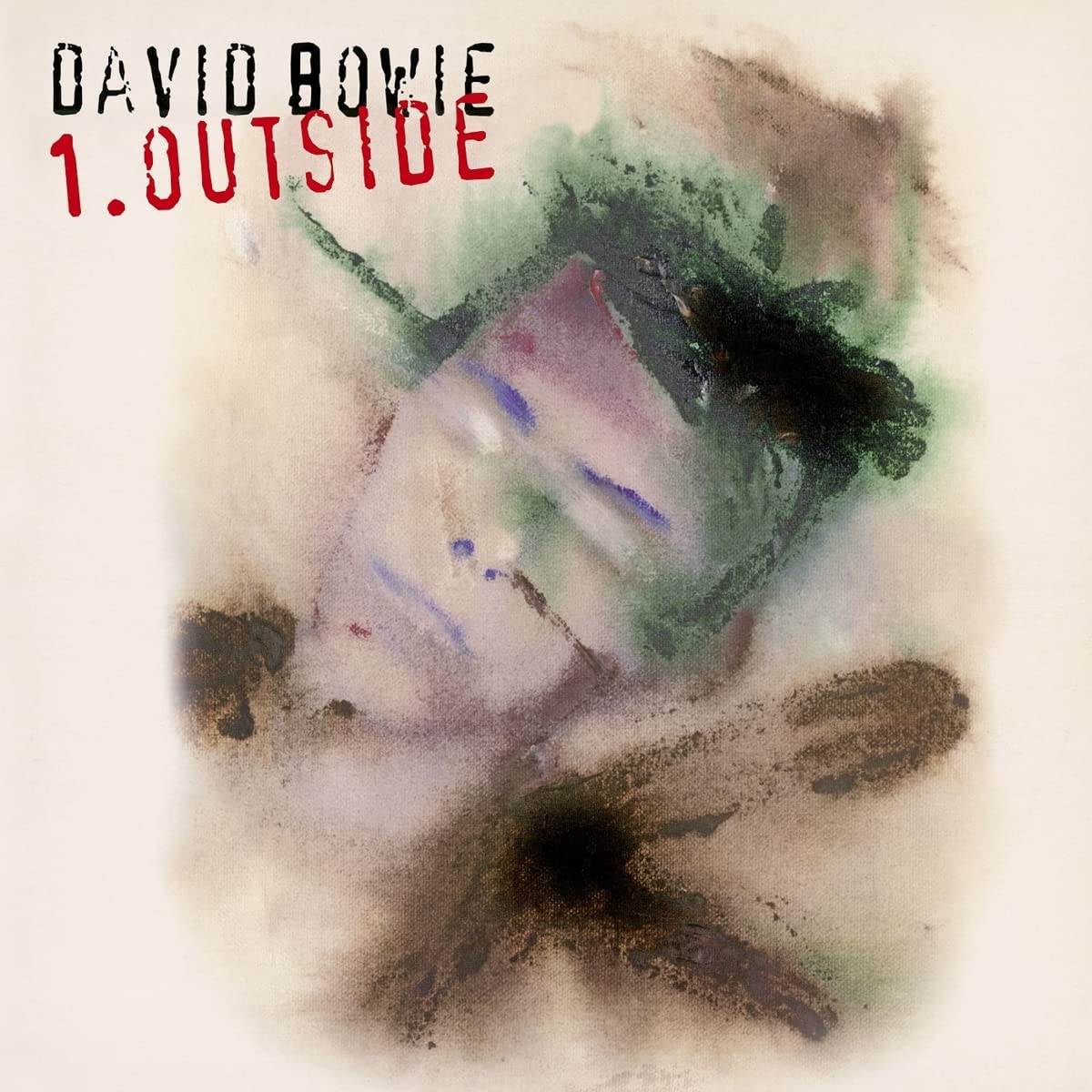 David Bowie album cover with abstract watercolor design and text "1. Outside" in red.