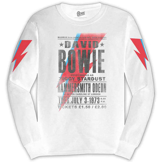White long-sleeve t-shirt with a red and blue David Bowie lightning bolt design.
