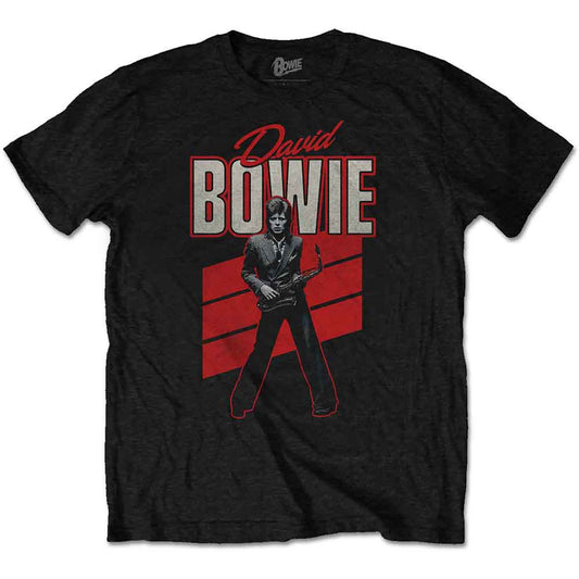 Black t-shirt with a graphic of David Bowie playing guitar.
