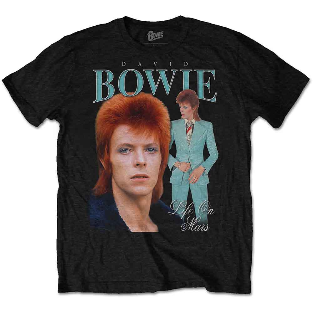 Black t-shirt with a design referencing David Bowie’s “Life on Mars” album art.