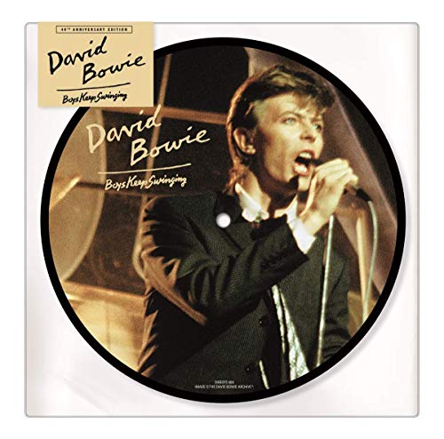 Vinyl record titled "David Bowie - Boys Keep Swinging" with a black disc and label.