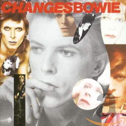 Collage of David Bowie portraits in black and white with orange text.